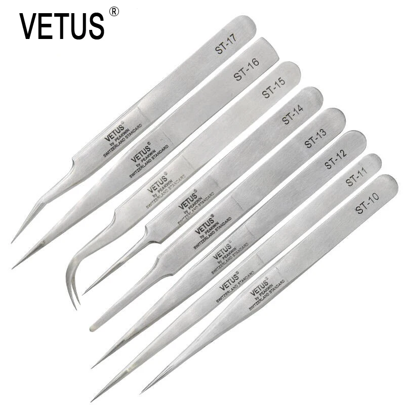 

Pack of 8 VETUS ST Series Makeup Repair Tools Stainless Steel Tweezers Anti-Acid None Magnetic for False Eyelash Lab Clamping