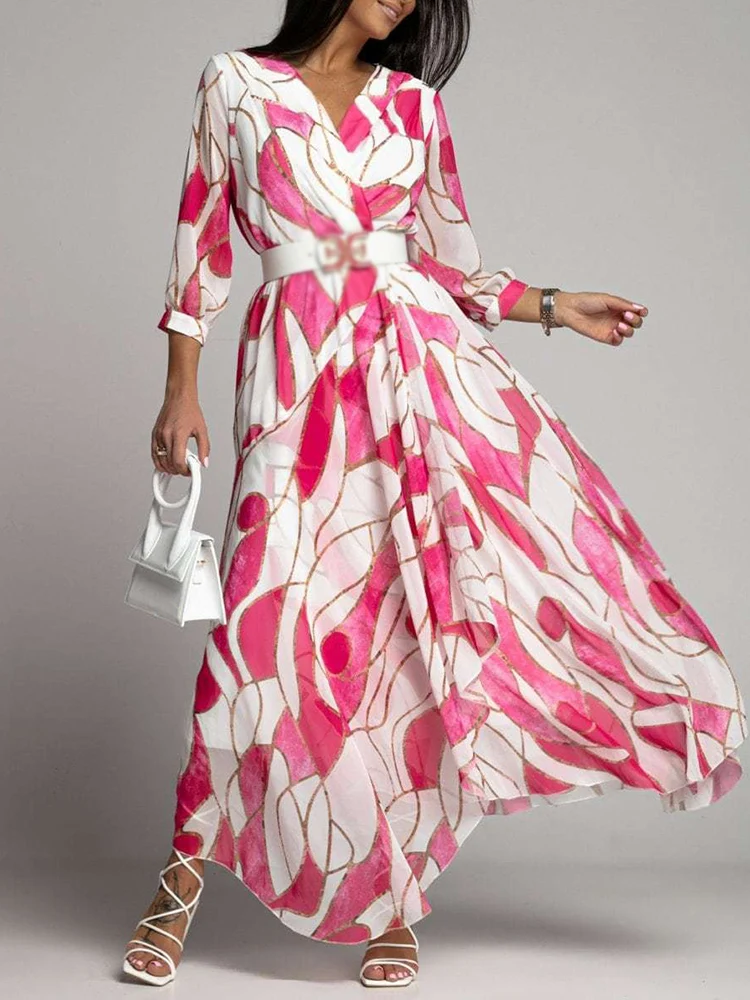 

Casual Floral Print Long Bohemian Dress Ladies Dignified Hem Commuter Dress 2022 New Summer Half Sleeve Women V Neck Loose Dress