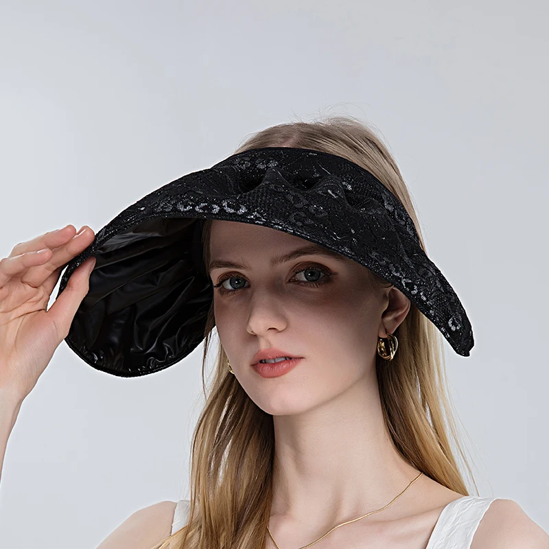 Black Glue Lace Sun Hat Summer Women Outdoor Beach Large Brim UV Anti Proof Empty Caps Ladies hair hoop Hats Girls Ponytail Hat