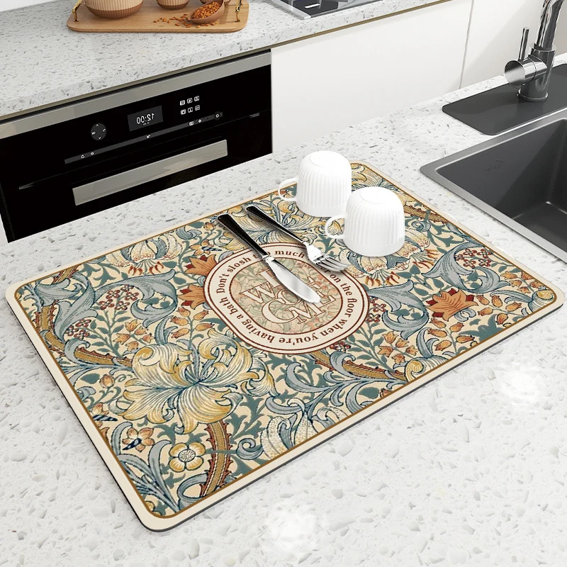 

HGX-Retro Placemat for Dining Table, Absorbent Tableware Mats, Dish Drying Mat, Drain Pad, Heat Resistant, Counter Top Mat Decor