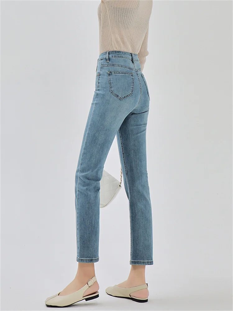 

Light Colored Straight Leg Jeans Women High Waist Spring 2022 French Elastic Slim Fit Chic Nine Point Ankle Length Denim Pants