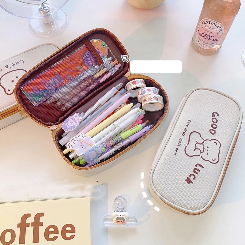 Haile Large-Capacity Kawaii Cartoon Bear Canvas Pencil Bag Simple A Pencil Case Storage Cosmetic Bag kid Study School Supplies