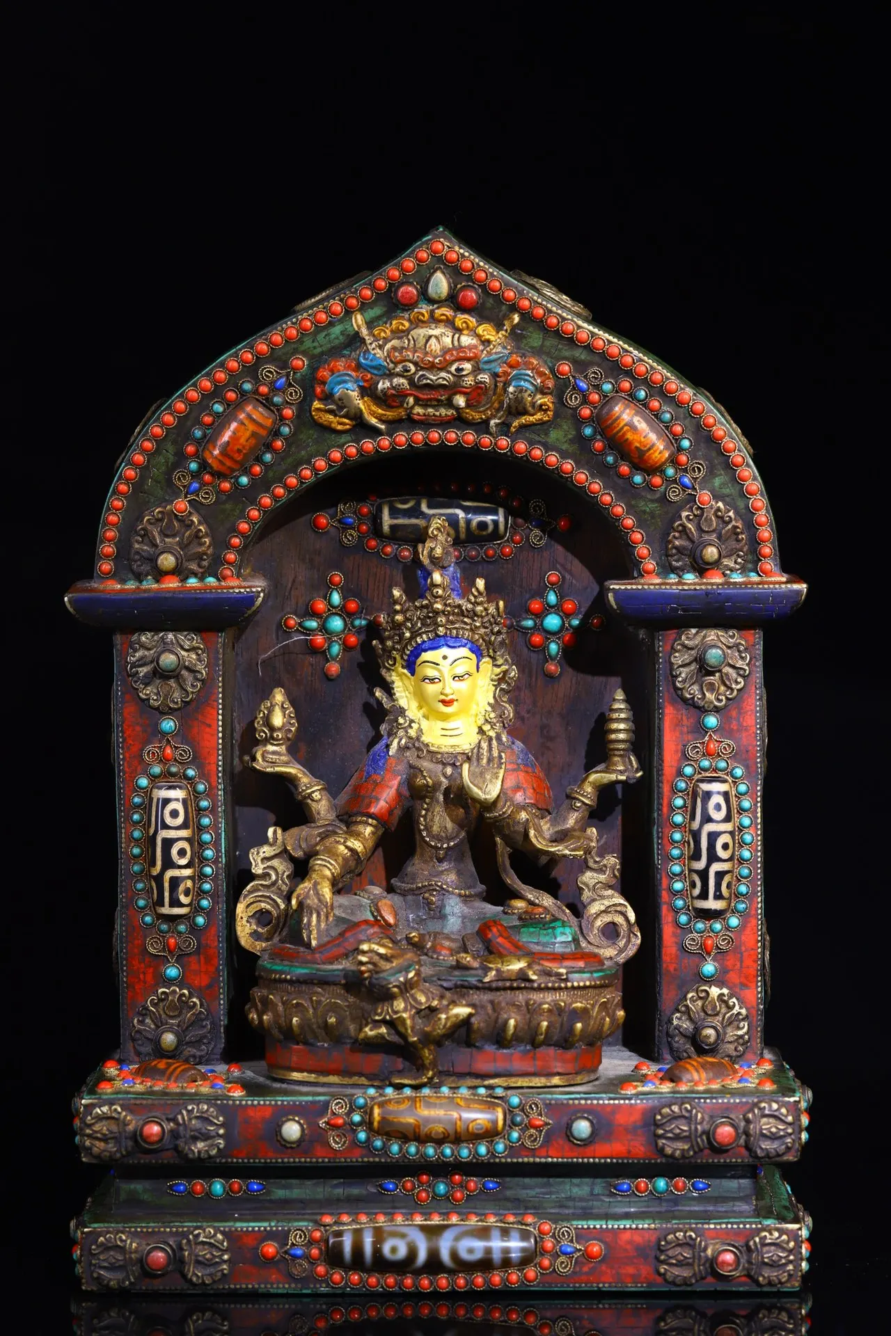 

12"Tibet Temple Collection Old Bronze Painted mosaic Gem Turquoise gZi Beads Four armed Tara Buddhist Niche Worship Hall