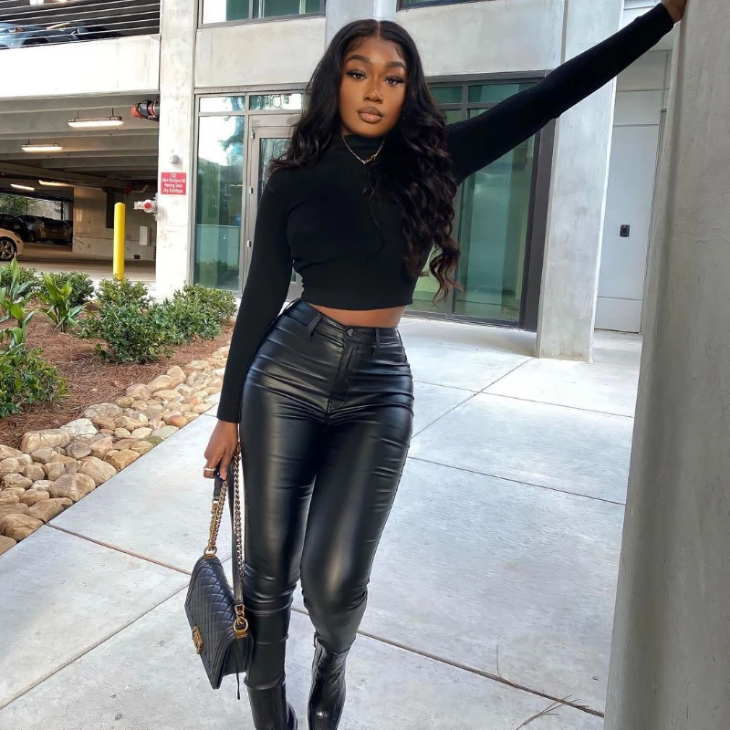 

2022 Winter Women Leather Pants New Elastic PU Fashion Korean Style Trousers Casual Slim Fit Trouser for Woman