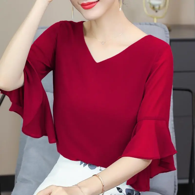 Summer Chiffon Shirt Women's Blouse Office Solid V Neck Ruffles Half Sleeve  Tops Sweet Large Size Blouse Purple Top Blusas Mujer - купить по выгодной  цене | AliExpress
