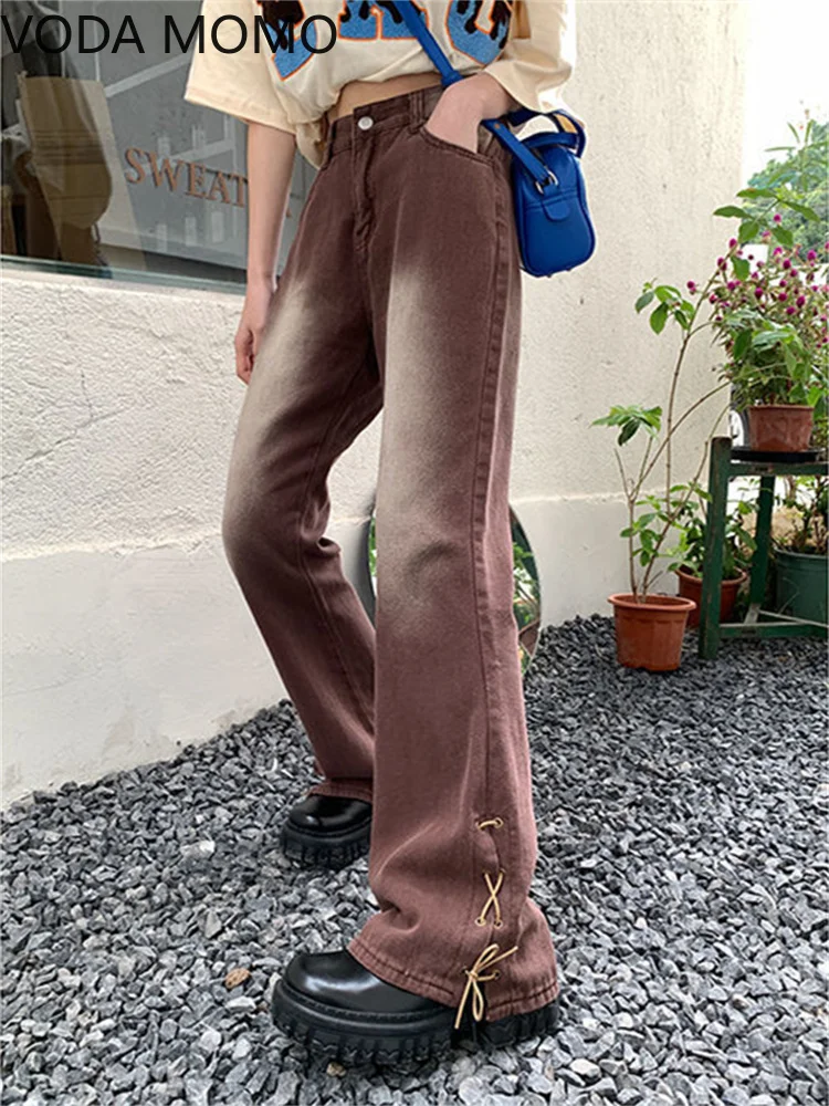 

womens vintage high waist Women's Wide leg jeans baggy woman denim capris lace up straight Pants jean mom jeans trousers