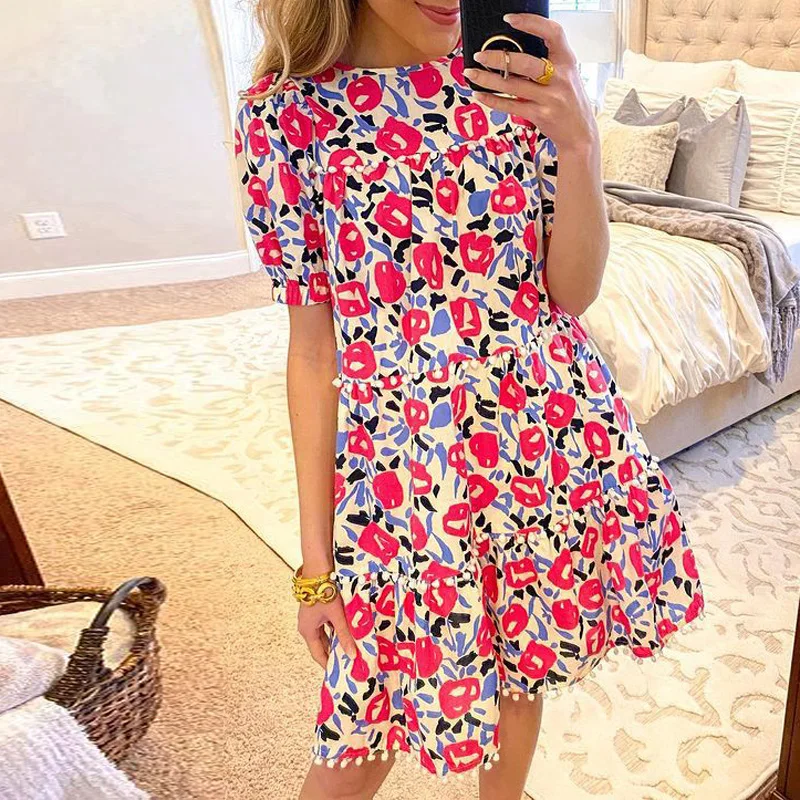 

Casual Chic Female Short Sleeve Pleated A-line Dress 2023 Women Beach Dress Summer Elegant Kisser Print O-neck Pullover Dresses