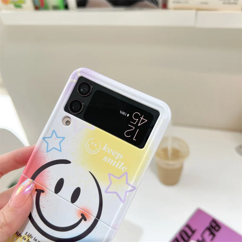Colorful Star Smiling Face Phone Case for Samsung Galaxy Z Flip 4 3 Hard Cover for ZFlip3 Zflip4 Solid Shell Bracket