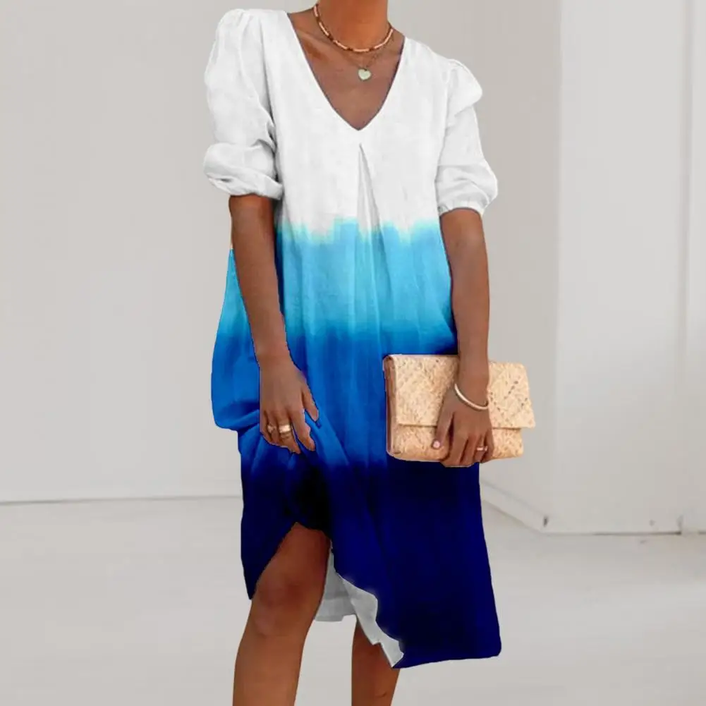 

Lady Beach Dress Flower Print Short Sleeve V-neck Color Matching Gradient Colors Daily Wear Low-cut Loose Summer Midi Dress Fema