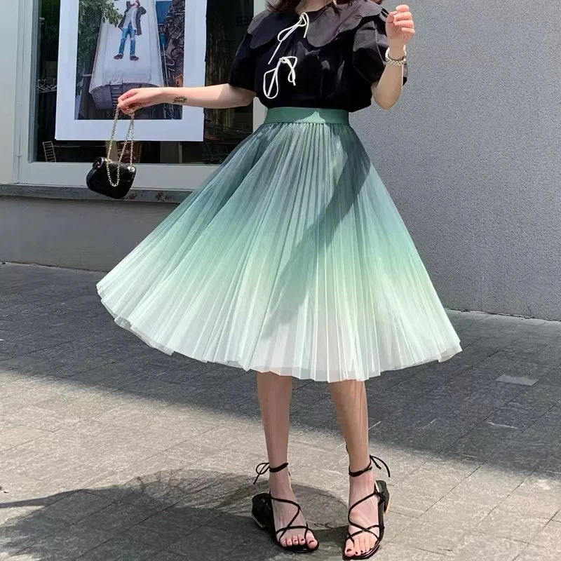 

2022 Autumn Winter Vintage Gradient Tulle Skirt Women Elastic High Waist Mesh Skirts Long Pleated Tutu Skirt Female Jupe Longue