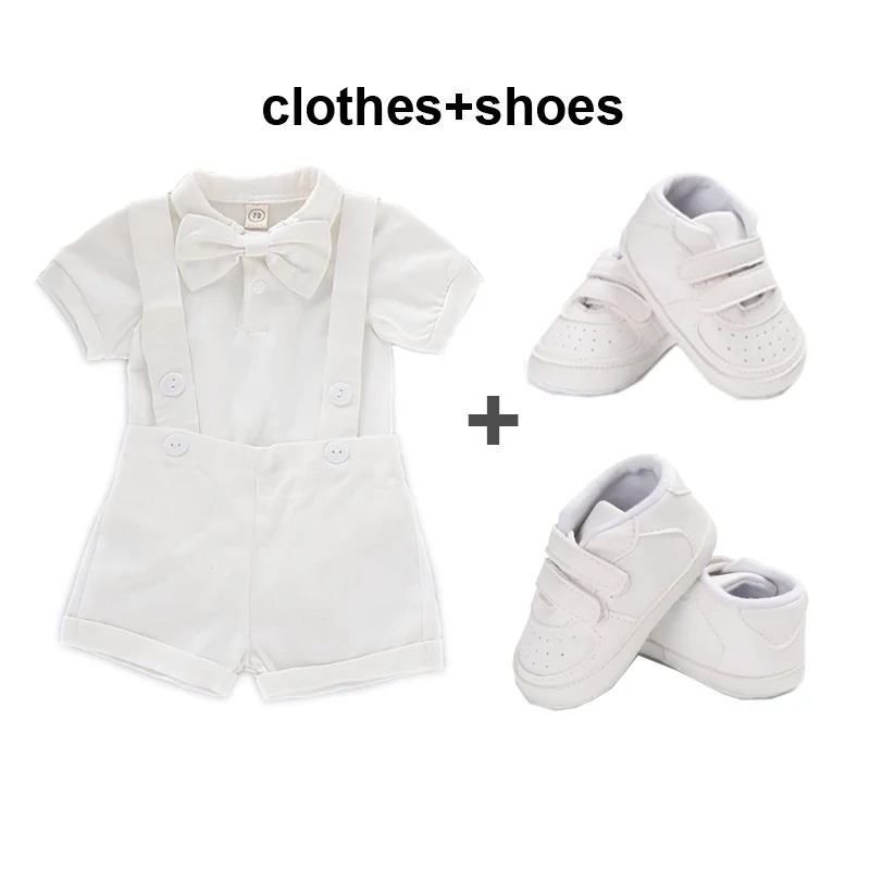 3pcs Set White Christening Clothes Baby Boys Gentleman Romper with Suspender Pants Shoes  Birthday Cake Smash Outfit 0-24M