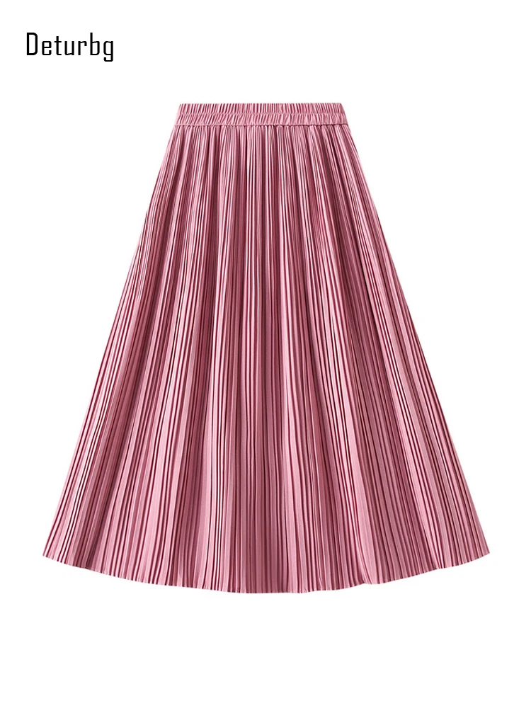 

Women's Brief Pleated Midi Long Skirt Korean Fashion Elastic High Waist Pink Draped OL A-Line Skirts For Women 2022 Spring K71