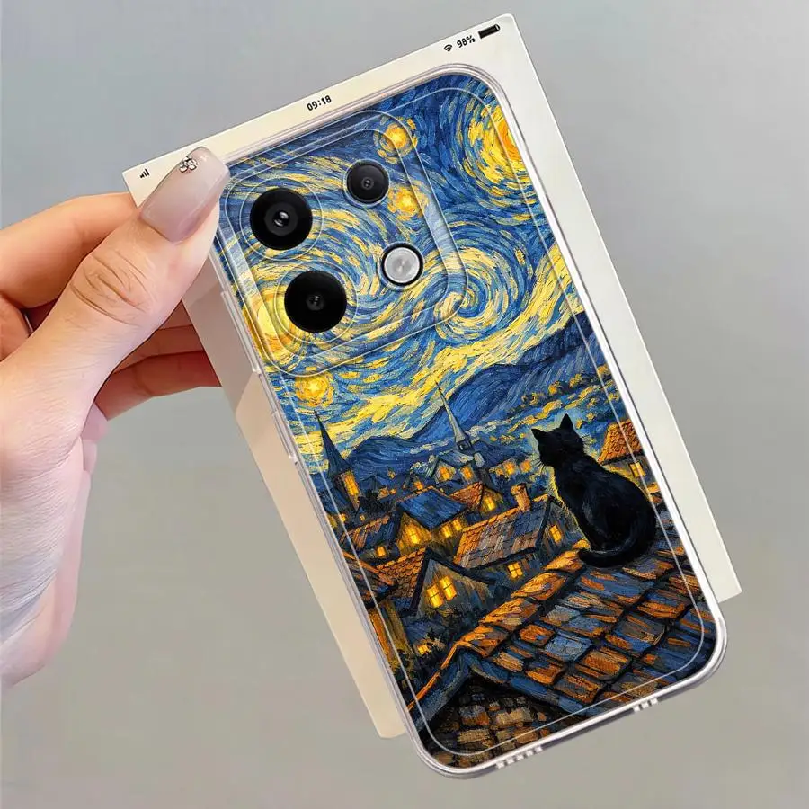 Фото Чехол для Xiaomi Redmi Note 14 Pro Plus 11 9 10 A4 11S 13C 12S 10S Note 13 14C 12, мягкий чехол для телефона, Ван Гог, Звездная ночь, Кот №4