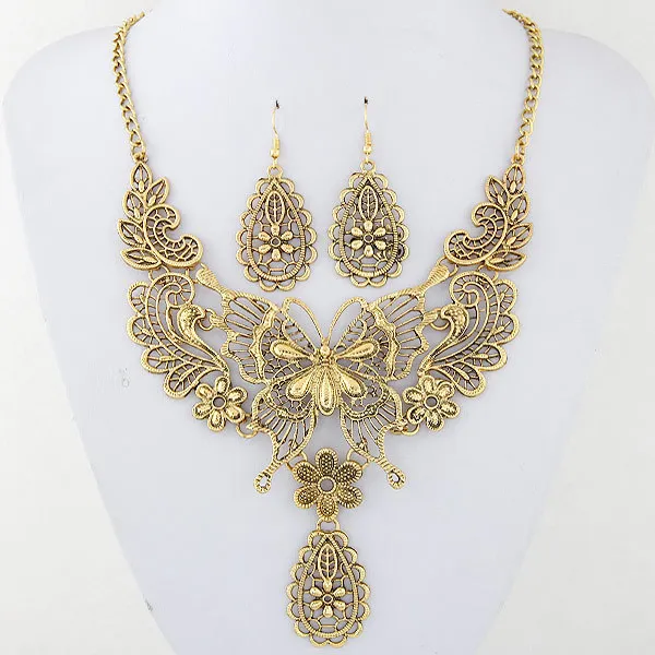 

Fashion Metal Hollowed Out Butterfly Water Drop Temperament Necklace Earring Alloy Set With Diamond