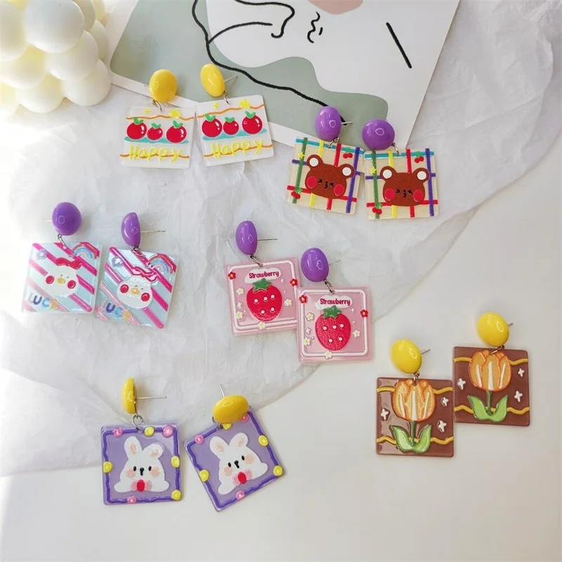 

2022 Embossed Print Cartoon Cute Strawberry Tomato Rabbit Bear Coffee Color Flower Acrylic Square Sweet Earrings for Women Girl
