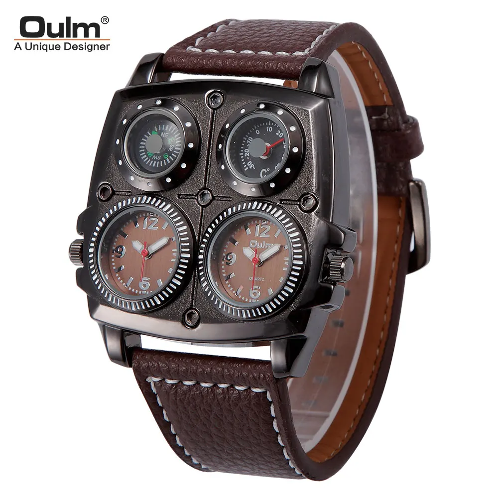

Oulm New Top Brand Luxury Men Quartz Watch Square Dual Time Zone Watches Leather Strap Man Luminous Wristwatch Waterproof Clocks