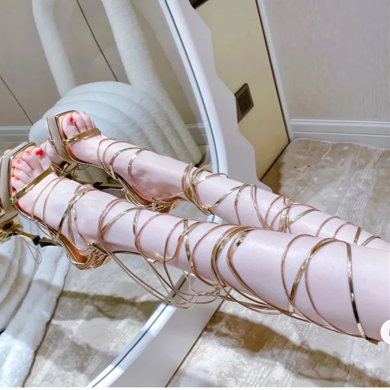 Lace Up Women's Open Toe Sexy Fashion High Heel Sandals Thin Strap Square Toe Chain Zipper Ladies Sandal Boots Gold 34-40 Yards