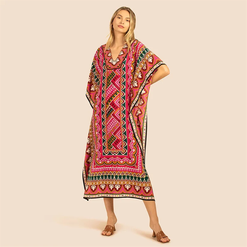 

Elegant Bohemia Print Cover-ups Women Loose Summer New Vacation Beach Long Robe Female V Neck Cotton Pullover Beachwear Coverall