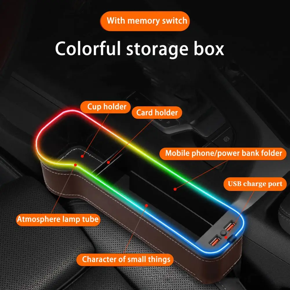 

RGB Car Gap Storage Box With Charging 7-Color Light Mode Car Seat Seam Organizer Safe Driving Memory Switch