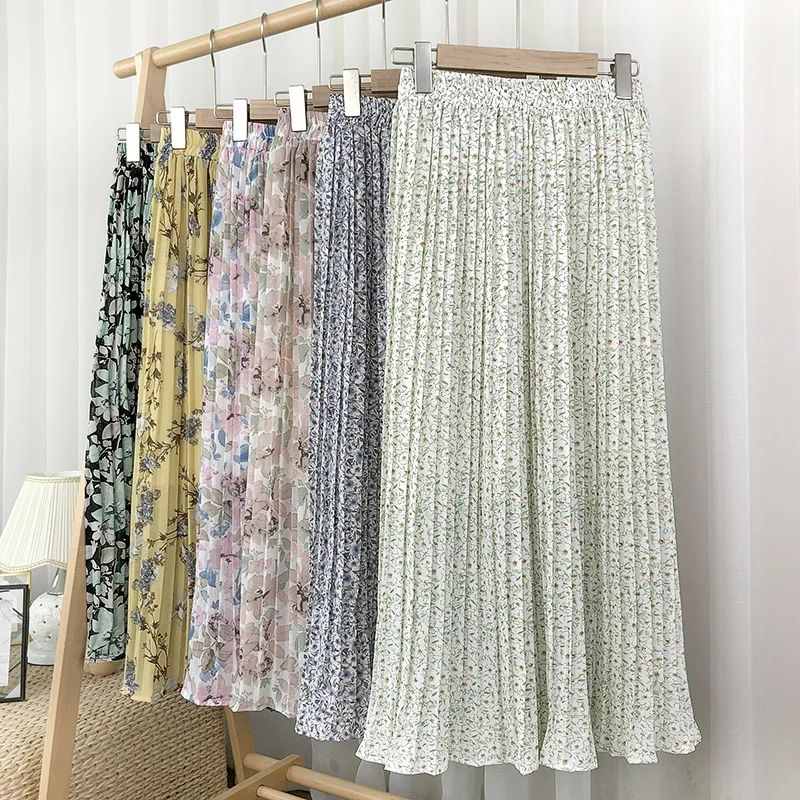 

Женская винтажная шифоновая юбка миди, длинная Плиссированная юбка до середины икры с высокой талией и цветочным принтом, лето 2022