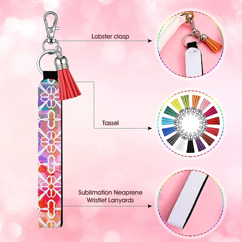

N58F 60pcs Sublimation Blank Wrist Cover Set 15pcs Sublimation Blank Neoprene Wrist Straps 15pcs Tassels 15Pcs Lobster Clasps