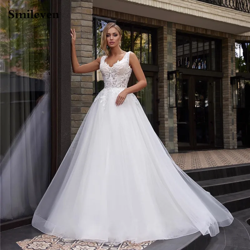 

Smileven V Neck Wedding Dress A Line Puff Lace Appliques Tulle Bride Dresses Robe De Mariee 3D Flowers Wedding Ball Gowns 2023