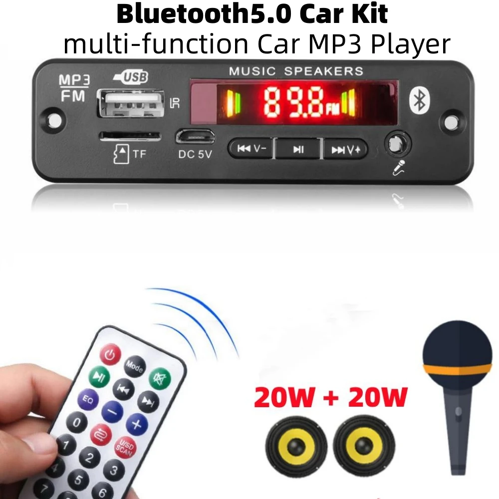 2*20W Amplifier Stereo DIY MP3 Decoder Board 12V 40W Audio Power Bluetooth 5.0 Car FM Radio Module TF USB  Handsfree Call Record