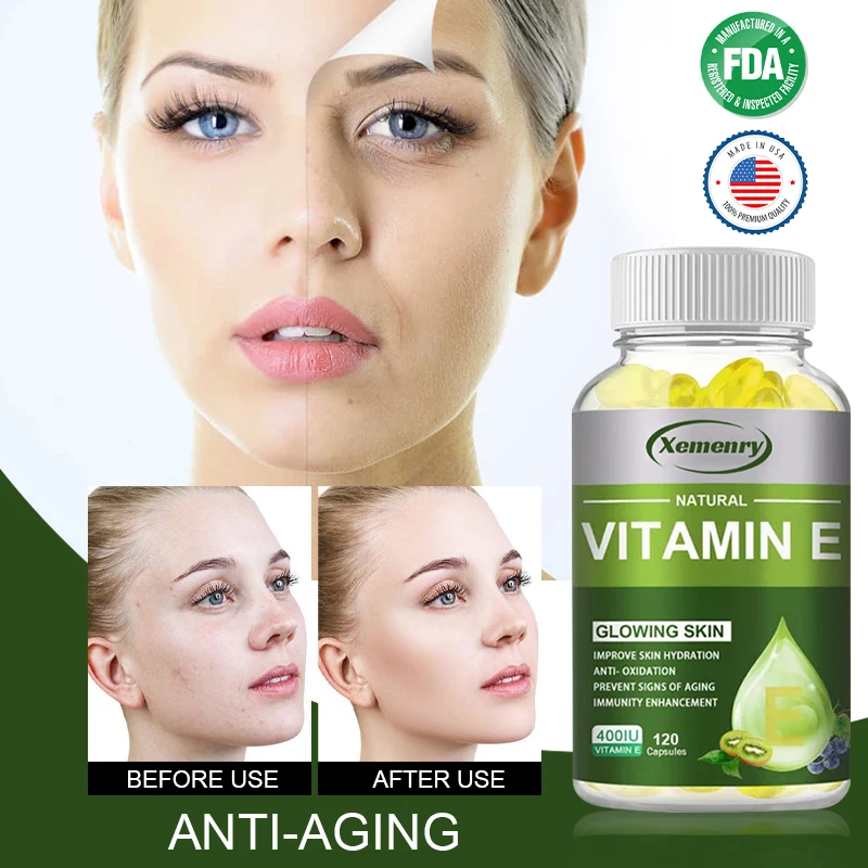 

Natural Vitamin E Capsules (400IU) Anti-Aging Whitening Antioxidant Healthy Bones Teeth Support Immune System and Skin Nutrition