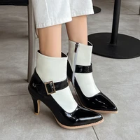 Plus Size Glossy Patent Leather Black And White Mixed Colors Metal Belt Buckle Ankle Boots Zip Spike Heels Women's Short Boots