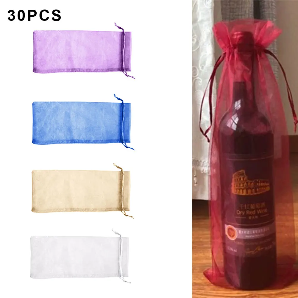 

30pcs 14x37cm Gold Drawstring Organza Wine Bags For Wedding Party Gift Champagne Bottle Holder Pouches Free Shipping