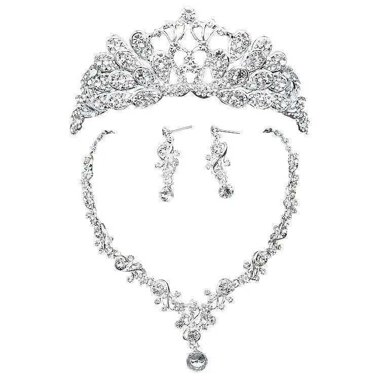 

New Bridal Necklace Crown Fashion Simple Wedding Accessories Tiara Earrings 3 Piece Set For Girl Womenl Gift Jewelry Set In 2022