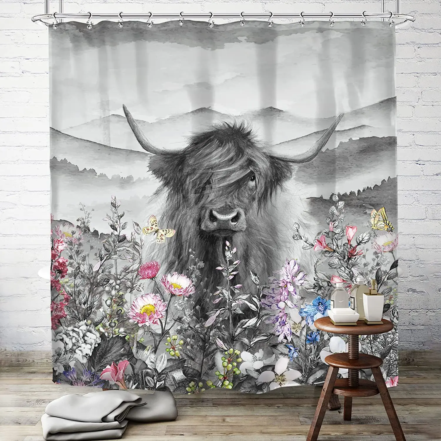 

Highland корова бык душевая занавеска фермерский цветочный Западный дикий серый длинный горный скот симпатичный пушистый полиэстер водонепро...
