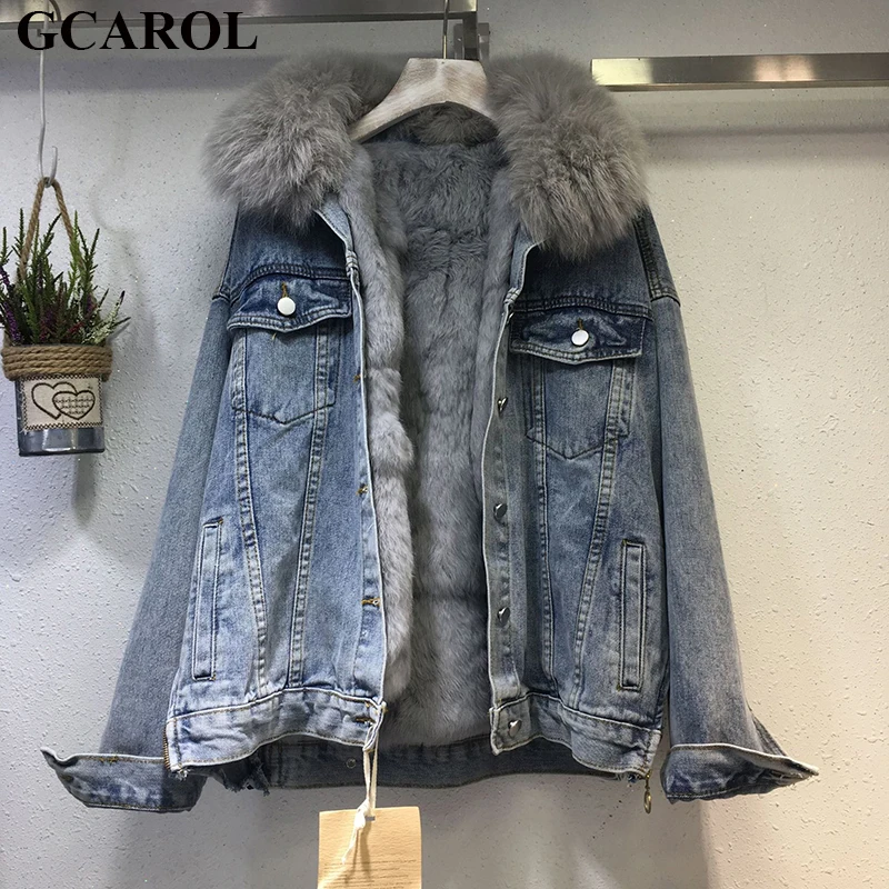 

GCAROL Winter Women Big Faux Fur Collar Denim Jacket Short Loose Warm Inner Thickened Detachable Jeans Coat Streetwear Outwear