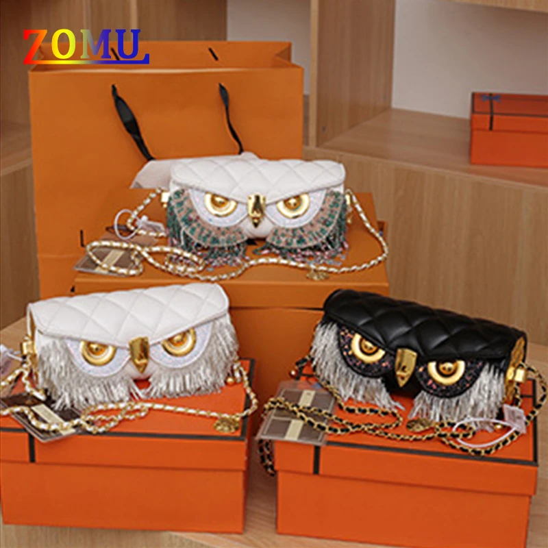 

ZOMU 2022 Trendy Owl Ladies Handbag Rhinestone Tassel Shoulder Messenger Bag Rhombus PU Small Square Bag Chain Bag for Women