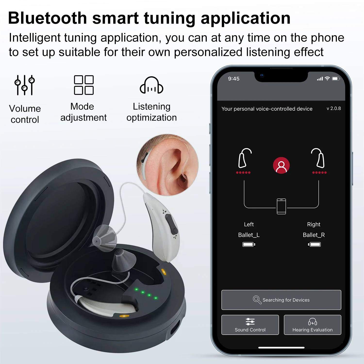

High end Bluetooth hearing aid audio amplifier, ear mounted intelligent noise reduction hearing aid with application verificatio