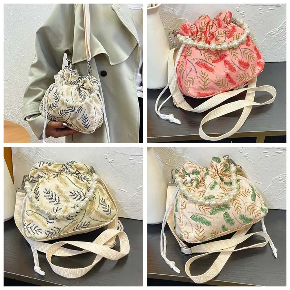 

Large Capacity Hanfu Drawstring Crossbody Bag Leaf Purse Wallets Pearl Handbag Bucket Bag Makeup Bag Velvet Flower Shoulder Bag