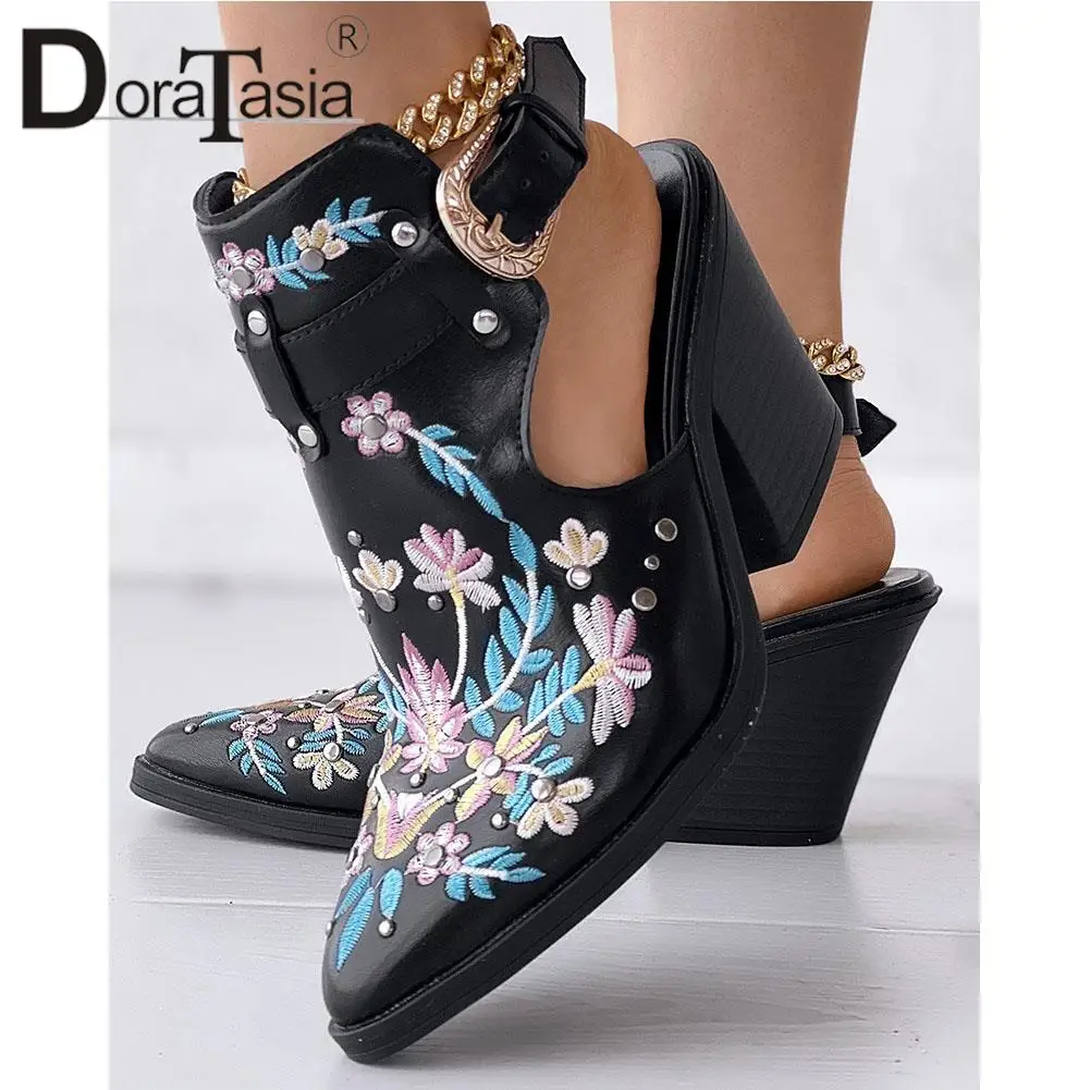 Brand New Ladies Pointed Toe Slingback Pumps Fashion Buckle Embroider Flower Chunky High Heels women's Pumps Party Woman Shoes