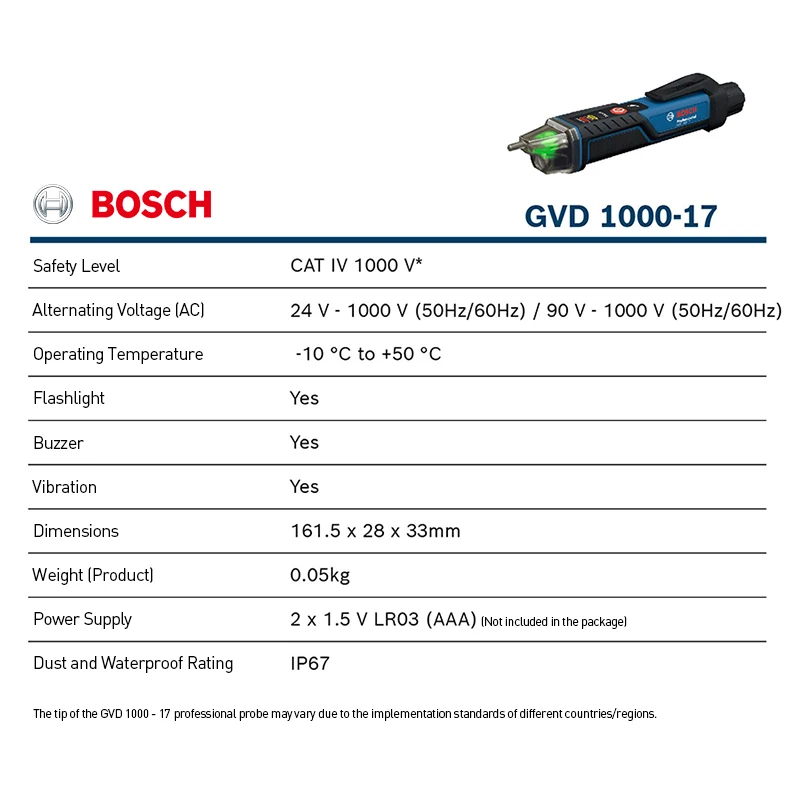 Детектор напряжения Bosch GVD 1000-17 (бесконтактный) 24В-1000В, индикатор напряжения, тестер-ручка, самопроверка напряжения, интеллектуальный поисковик обрывов цепи (art.: 3920d87728e08) - 3920d87728e08