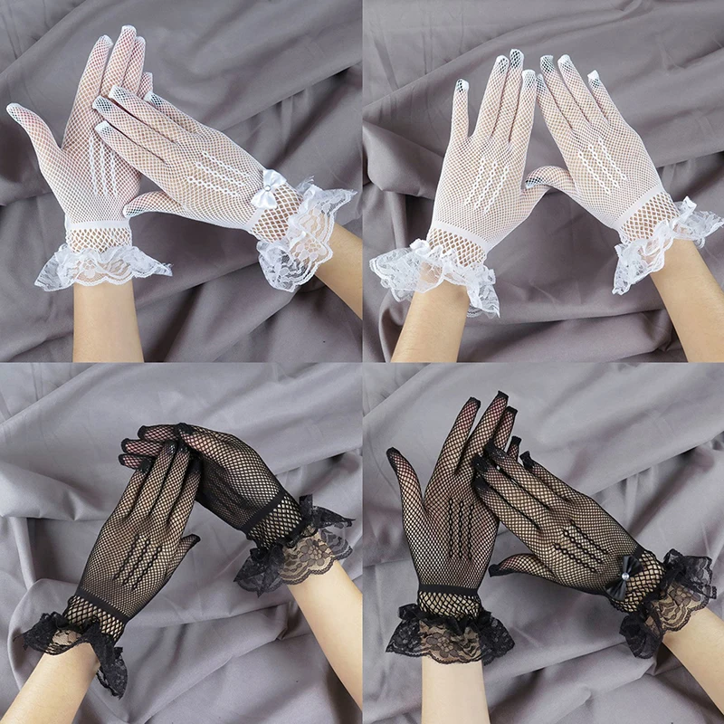 

Женские летние перчатки для вождения с защитой от ультрафиолета, 1 пара, черные, белые сетчатые перчатки, кружевные варежки с закрытыми пальцами, свадебные перчатки для косплея для девочек