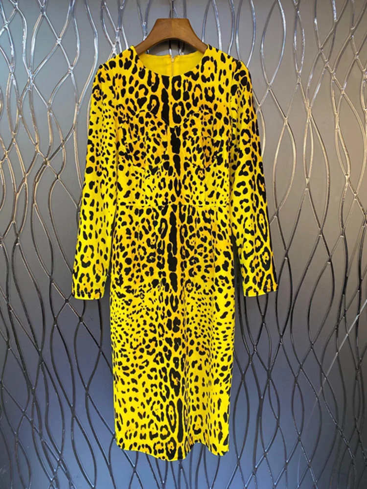 

Leopard Print Ful Sleeves Women Sheath Dress Spring O-Neck Cotton Sexy Lady Long Dresses Elegant Clothes One Pcs