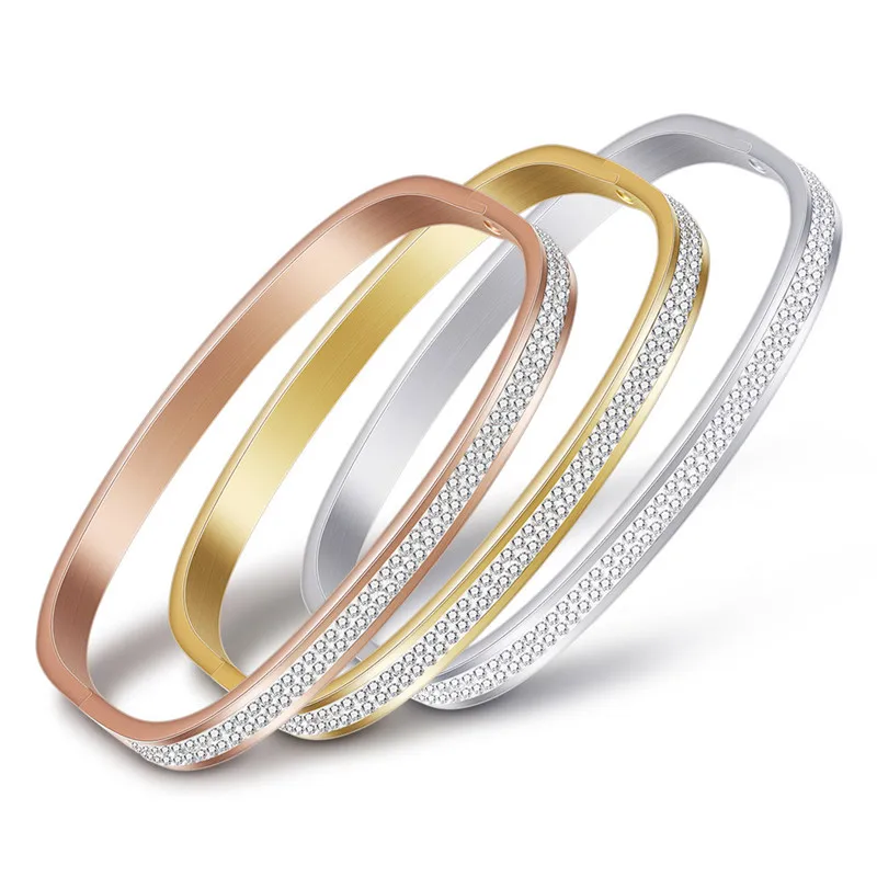 

LETAPI New Gold Color Bracelets Bangles Stainless Steel 2 Row Sparkling Cubic zirconia Wedding Bracelet For Women