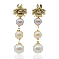 bee earrings natural freshwater pearl gold earrings colorful round pearls handmade luxury long earrings womens pearl earrings