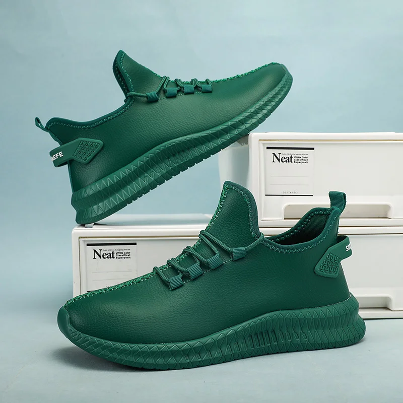 Зеленые кожаные кроссовки мужские дышащие для ходьбы и бега мужская спортивная