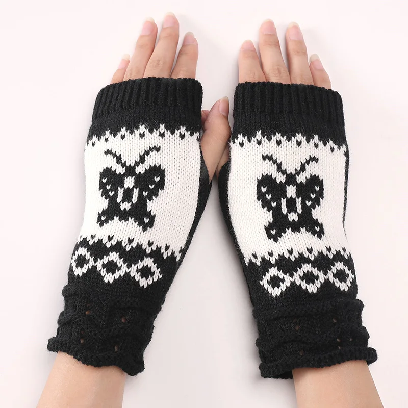 

2022 New Crochet Knitting Fingerless Gloves for Womens Winter Warmer Arm Sleeve for Girls Soft Butterfly Black Fingerless Gloves