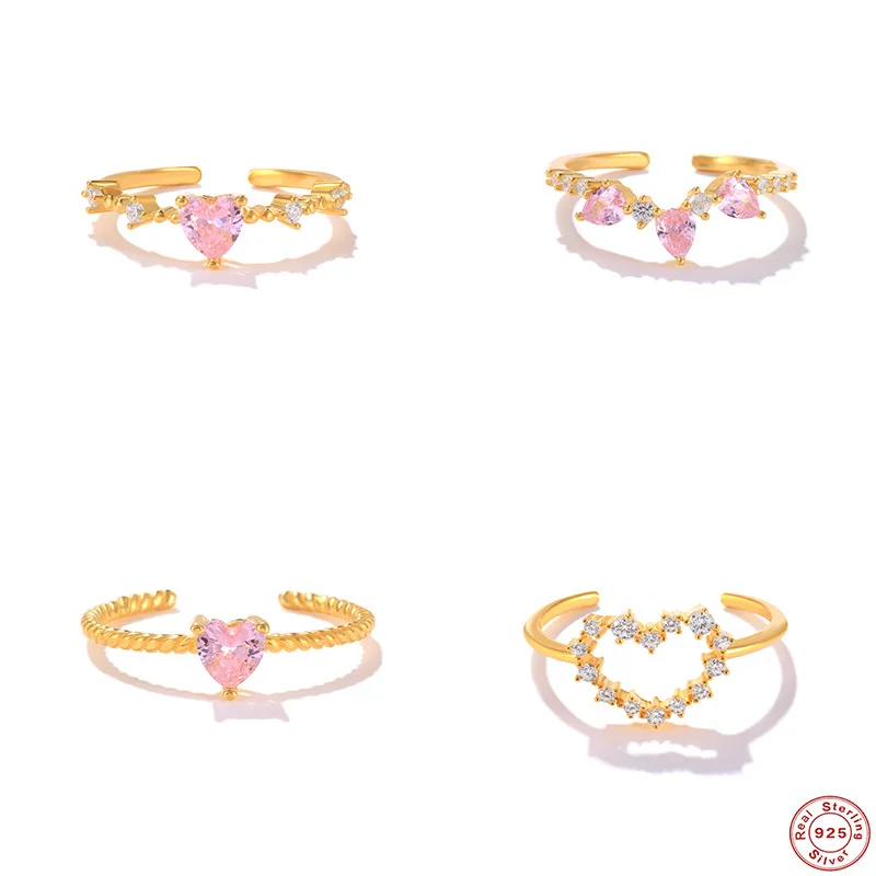

S925 Silver Ins Style Geometric Heart-to-Heart Diamond-Studded Ring Temperament Personality Plated K Gold Light Luxury Ring