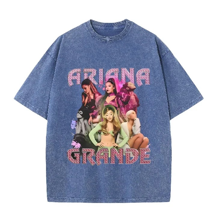Фото Футболка с эффектом потертости Ariana Grande в стиле хип-хоп ретро, уличная одежда, летние топы с коротким рукавом, футболки для мужчин и женщин №3