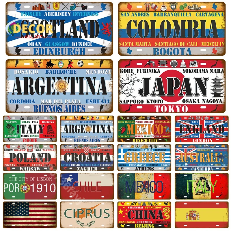 

Country Flag License Tin Sign Plaque France Russia Spain Metal Signs Germany USA Countries Plate Wall Restaurant Craft Bar Decor