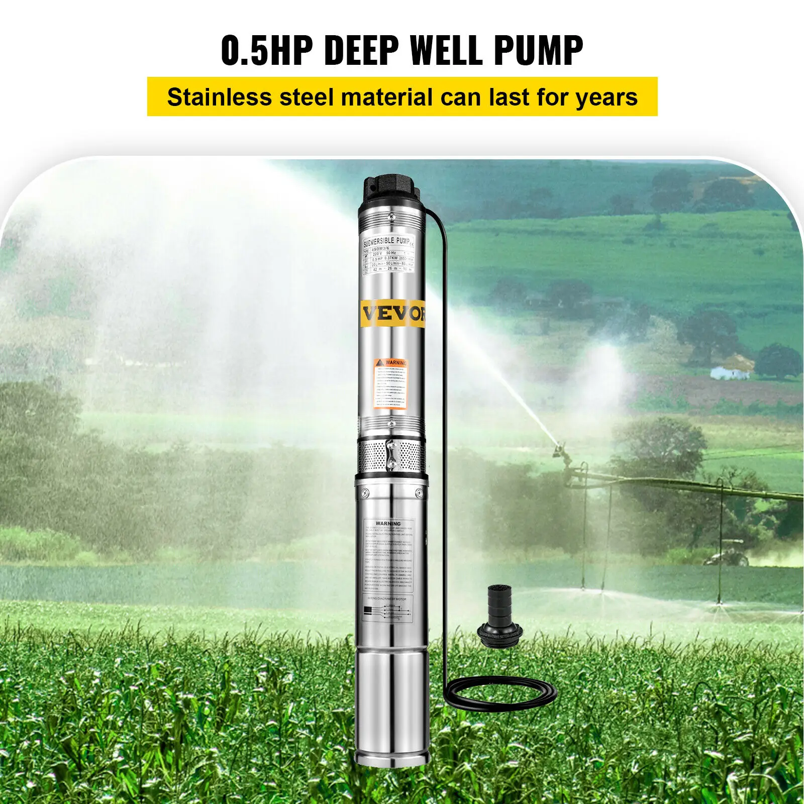 

0.5hp Borehole Deep Well Submersible Water Pump Long Live + Cable 5 Ft