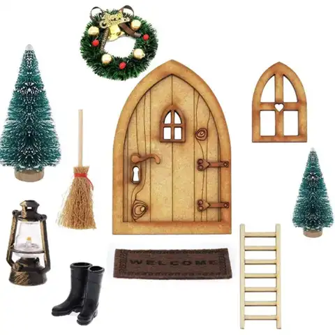 1:12 Кукольный домик, Рождественский набор с дверью гнома, Декор для дома гнома, дверной фонарь гнома, венок на рождественскую елку, деревянна...