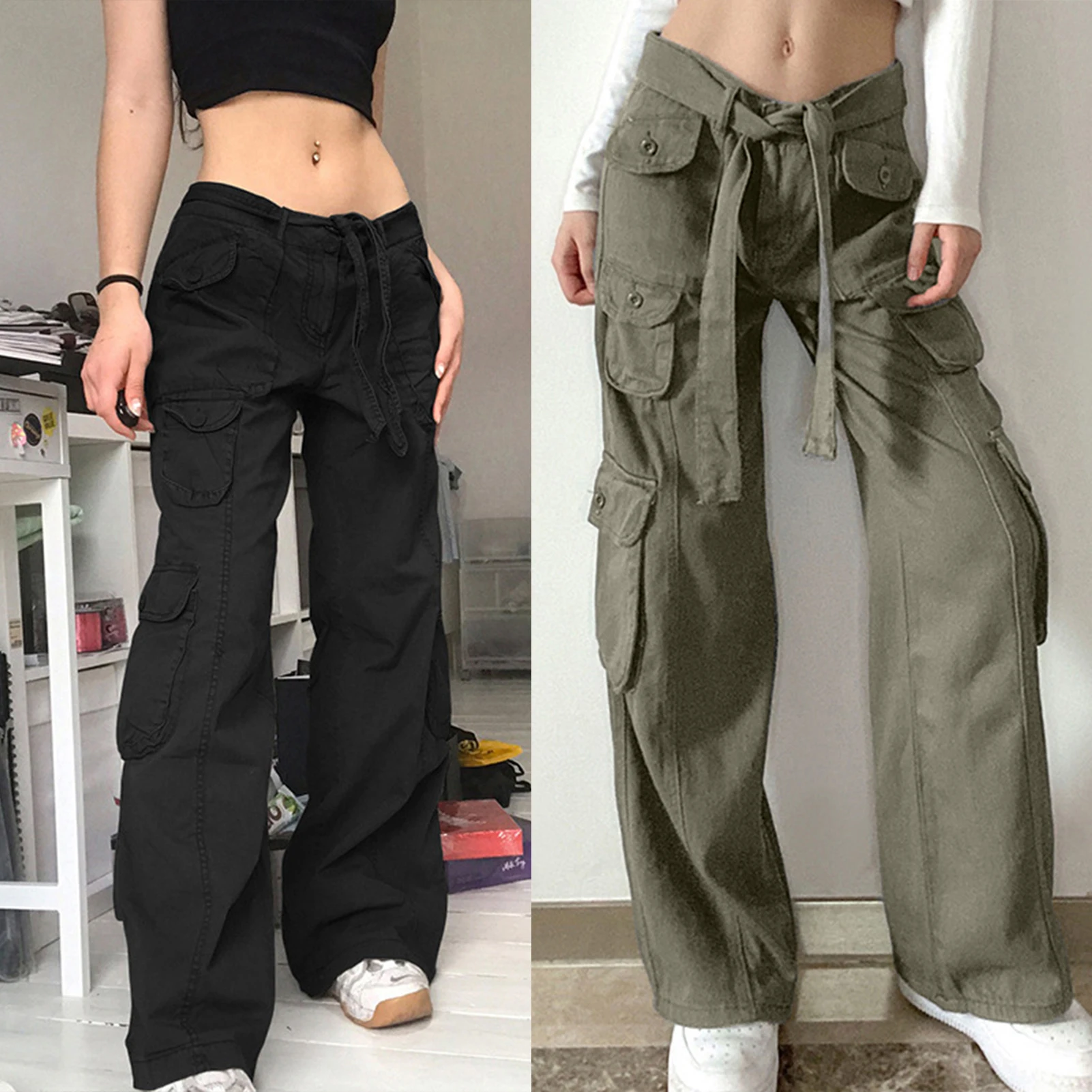 

New Cargo Pants Women Retro Workwear Baggy Straight Trousers Wide Leg Pockets Joggers Trousers Y2k Streetwear Parachut Pants